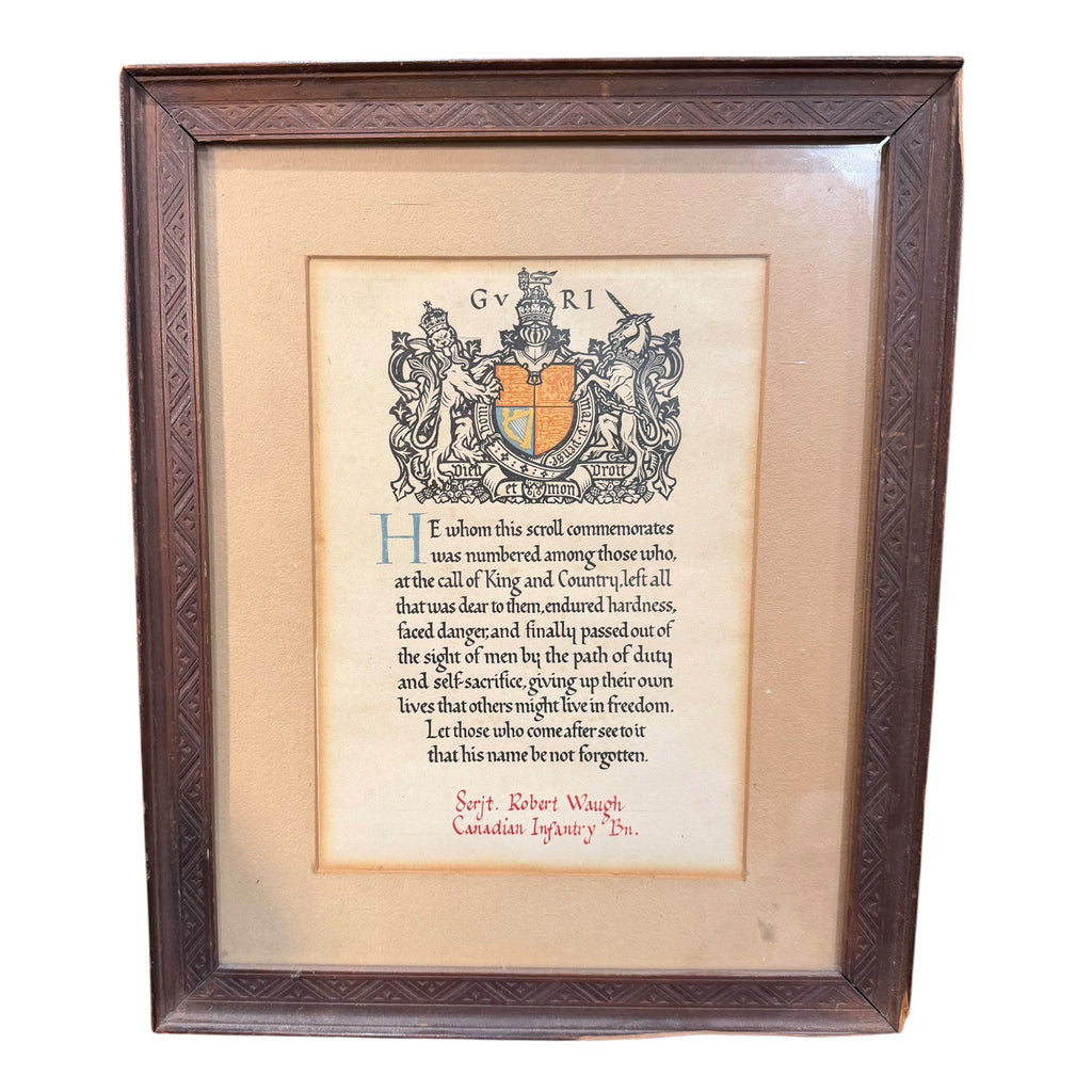 In Memory Scroll Framed WW1 Next of Kin Memorial Scroll - Serjt Robert Waugh 16th Batta ...