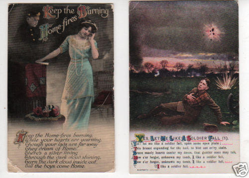 Lot of 2 POSTCARDS, Dream Cards, HOME FIRES & SOLDIER FALL