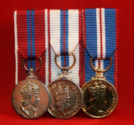 Miniature Goup of 3, 1953 Coronation, 1977 Jubilee, 2002 Jubilee, court mounted