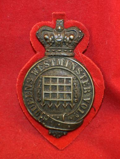 Victorian era, QUEEN'S WESTMINSTER VOLUNTEERS Badge, on red backing