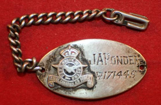 WW2, RCAF, ID Wrist Bracelet, R171445 JA PONDER STERLING marked.