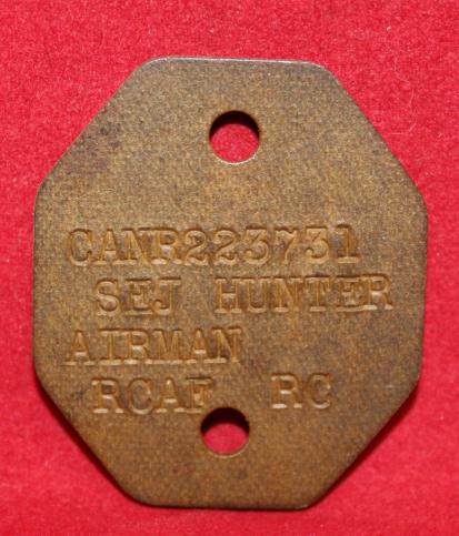 WW2, Dog Tag (Identification Disk) RCAF AIRMAN SEJ HUNTER RC R223731