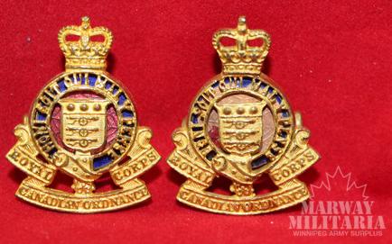 Royal Canadian Ordnance Corps OFFICERS Collar Badge Pair